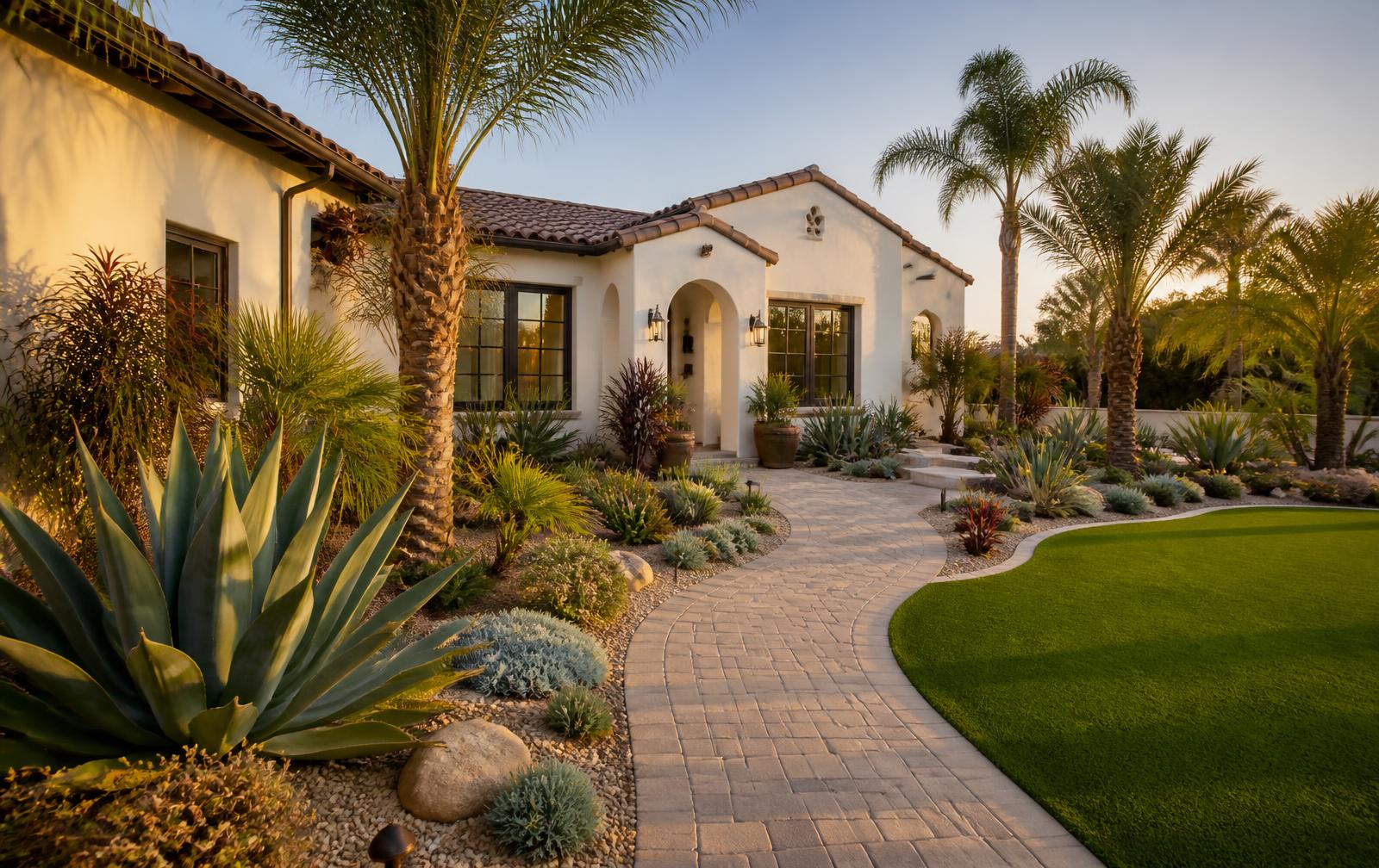 Drought-tolerant Southern California front yard with paver walkway and palm trees